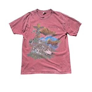 Vintage‎ Seattle Wildlife T-Shirt Sz L Wolves Moose Bear Totem Graphic USA Tee